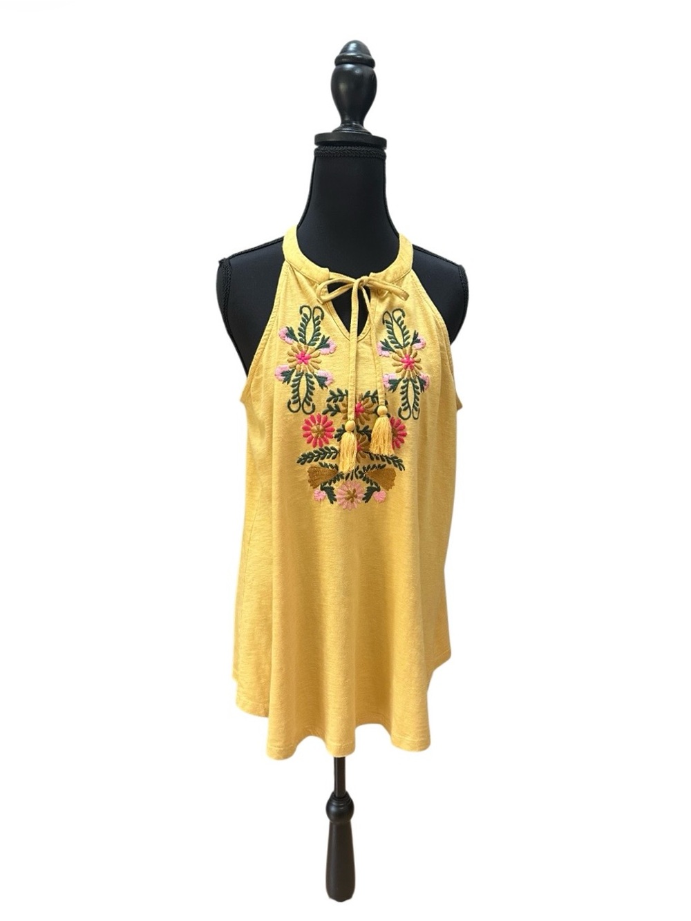 Keep In Touch Boho Hippie Yellow Embroidered Halter Tank Top EUC Size L